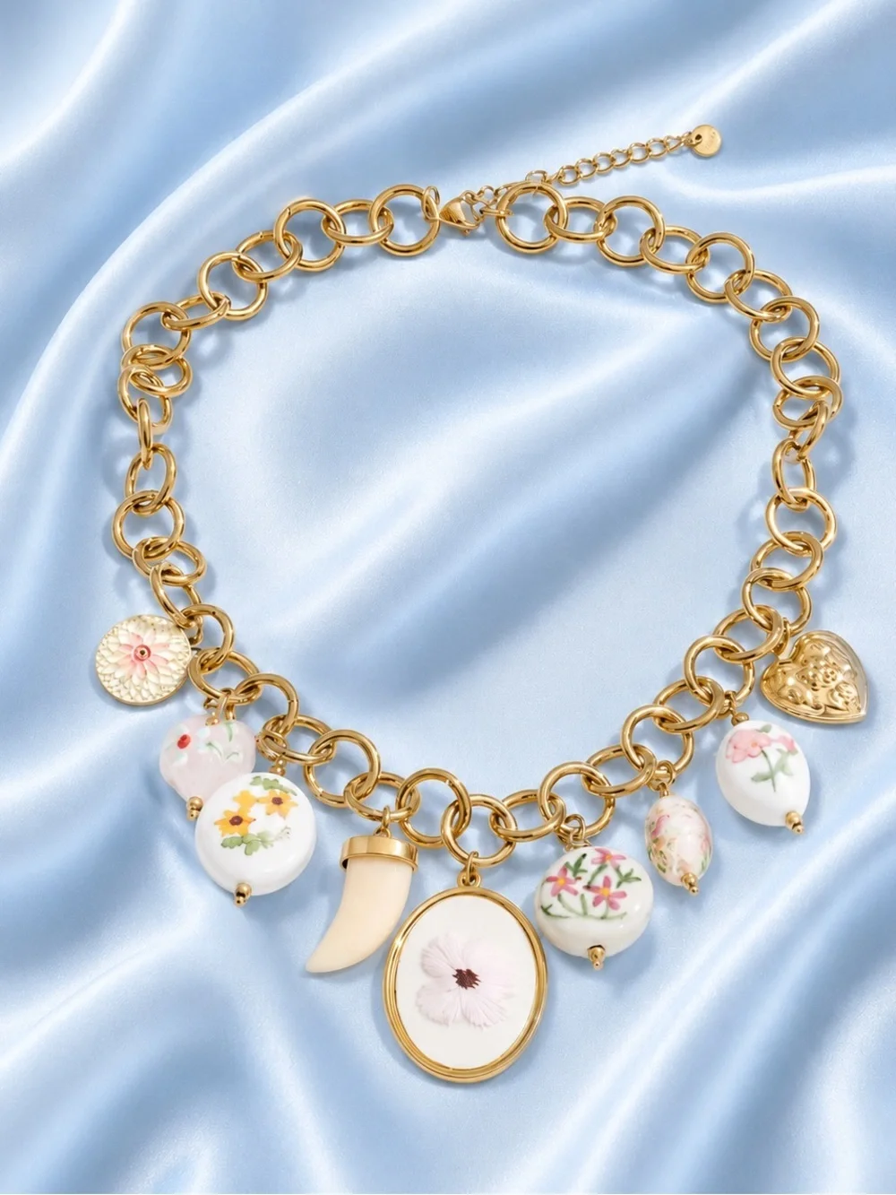 Vintage Floral Porcelain Charm Necklace